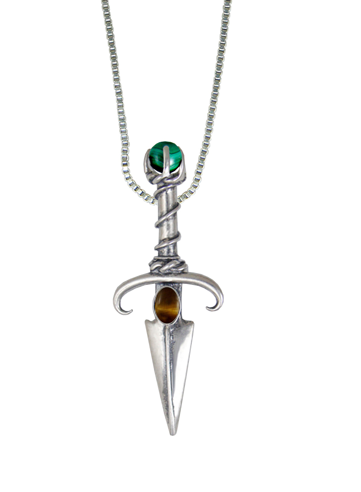 Sterling Silver Black Prince's Knife Dagger Pendant With Tiger Eye And Malachite